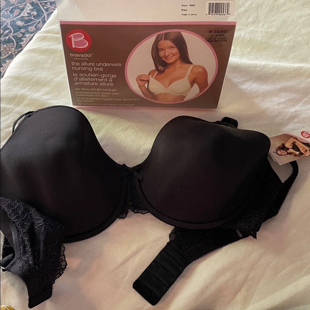 Bravado Black Lace Underwire Nursing Bra, size 36 D/E (DD)